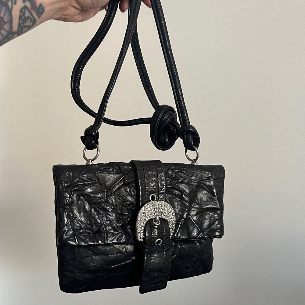 Renato Angi Black Leather Shoulder Bag with Crystal Buckle